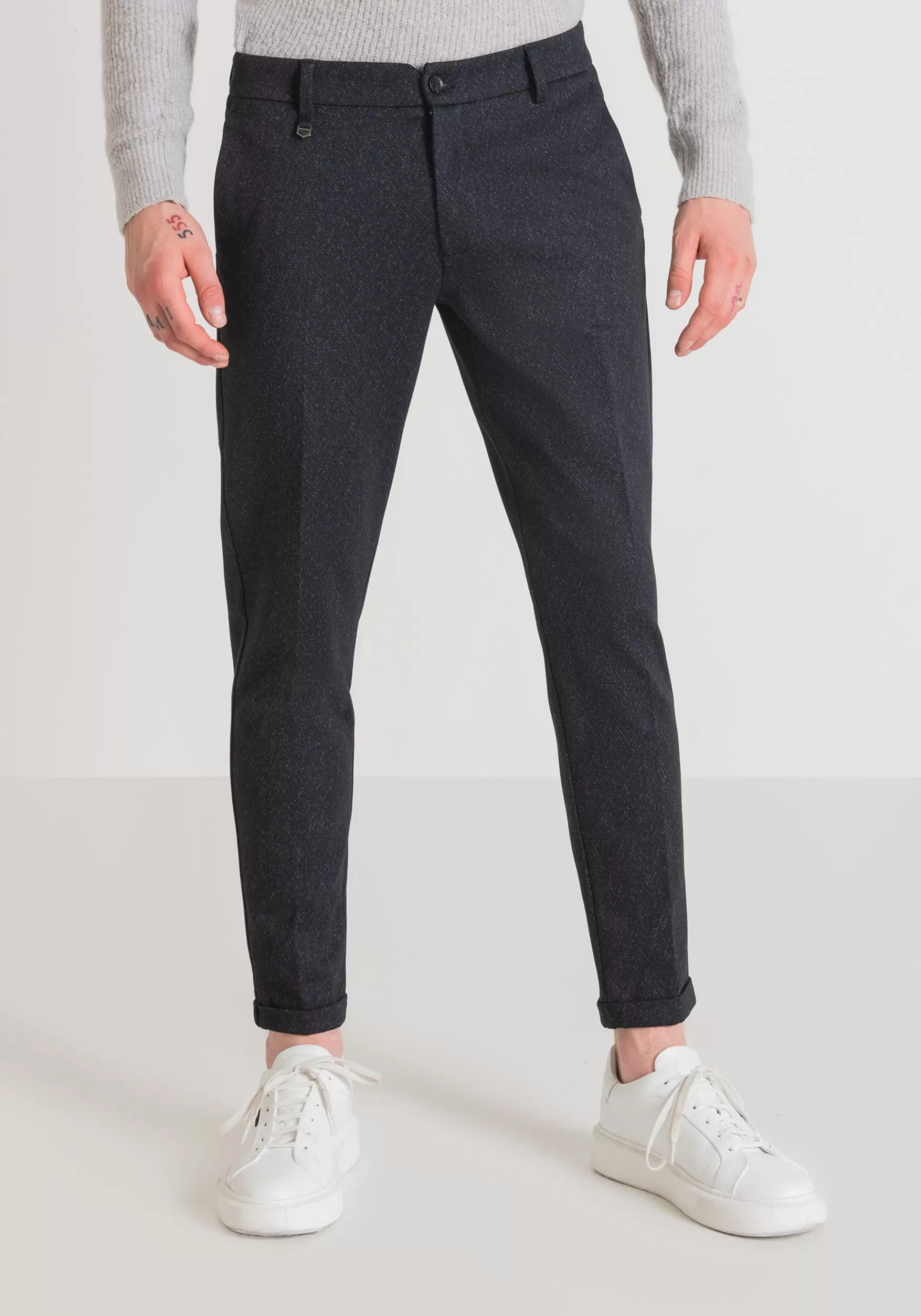 Hot Antony Morato Hose Super Skinny Fit Ashe Aus Viskose-Stretch-Mischgewebe Mit Fischgratenmuster Blue Ink