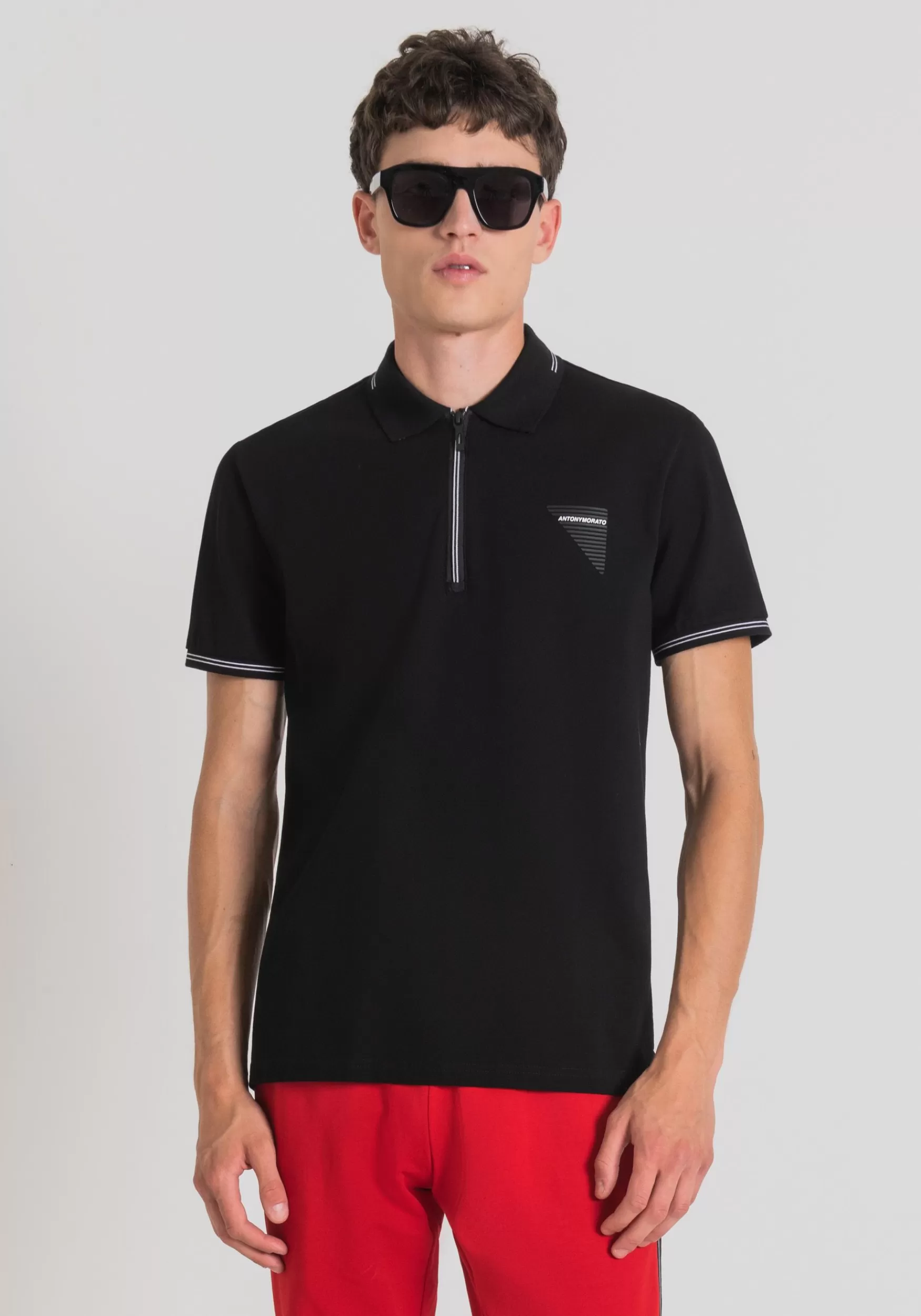 New Antony Morato Poloshirt Slim Fit Aus Merzerisiertem Baumwollpikee Mit Gummiertem Logo-Print Schwarz