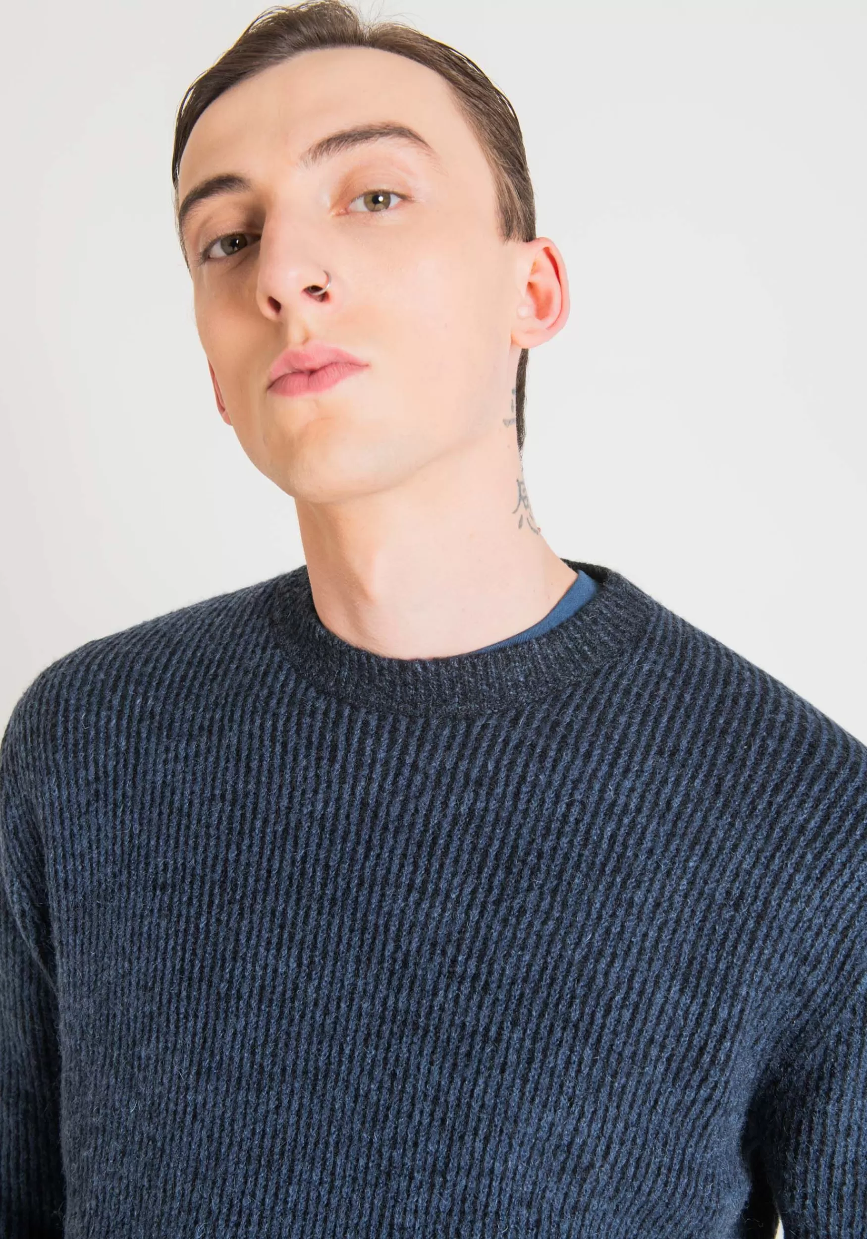 Shop Antony Morato Pullover Regular Fit Aus Warmem Mohair-Wollmischgarn In Patentmuster-Verarbeitung Blue Ink