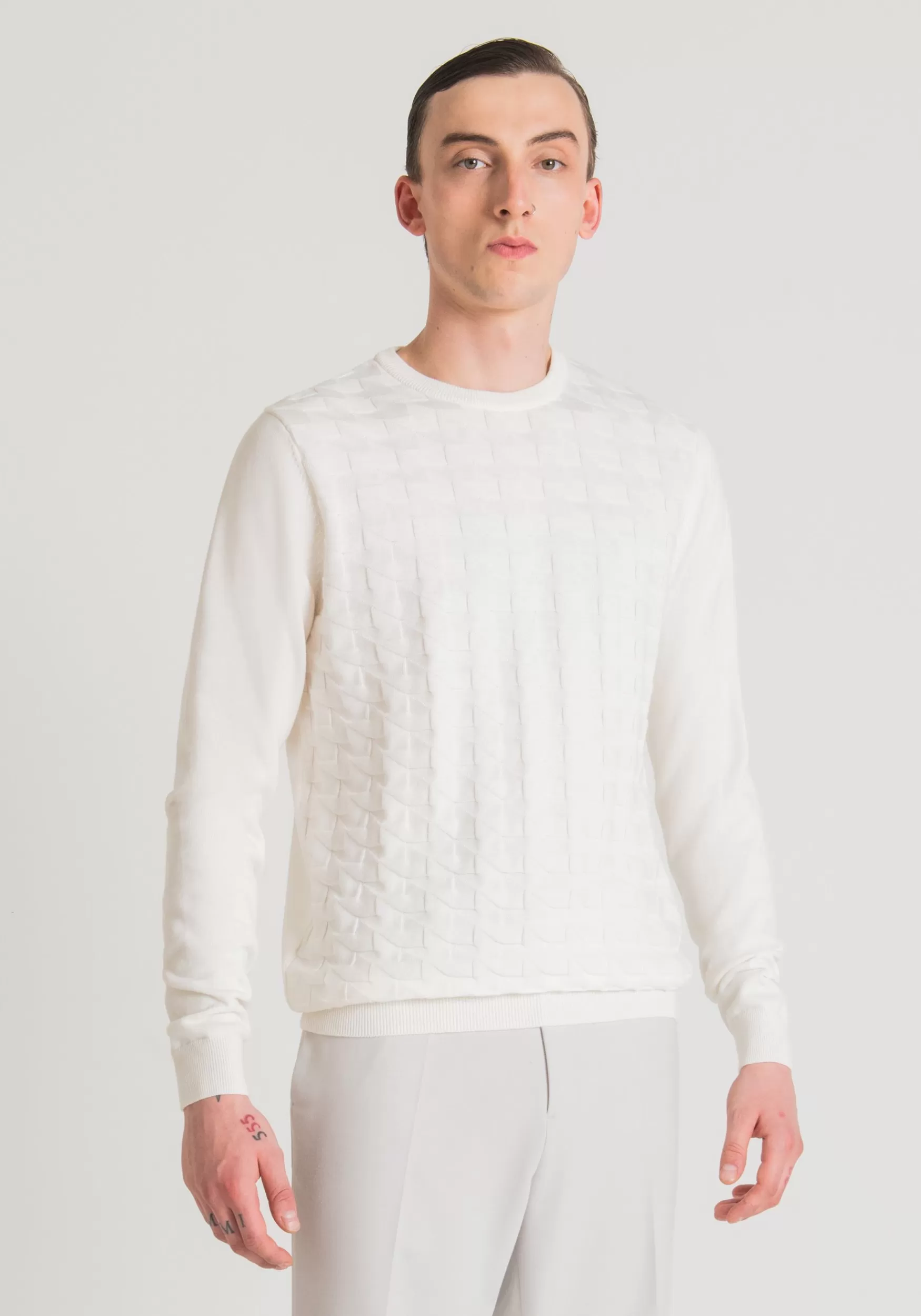 Flash Sale Antony Morato Pullover Regular Fit Aus Wolle Und 3D-Jacquard-Baumwolle Creme