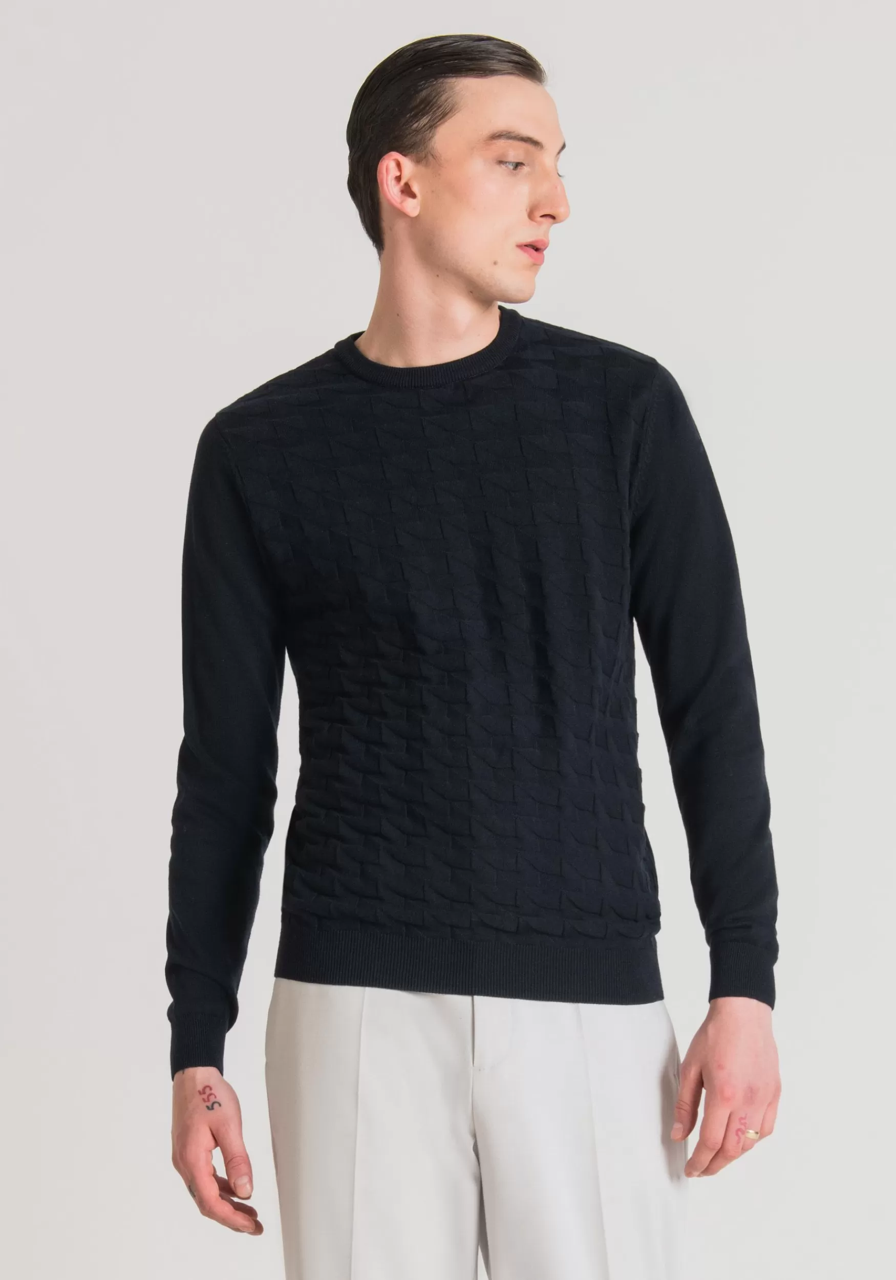 Discount Antony Morato Pullover Regular Fit Aus Wolle Und 3D-Jacquard-Baumwolle Blue Ink