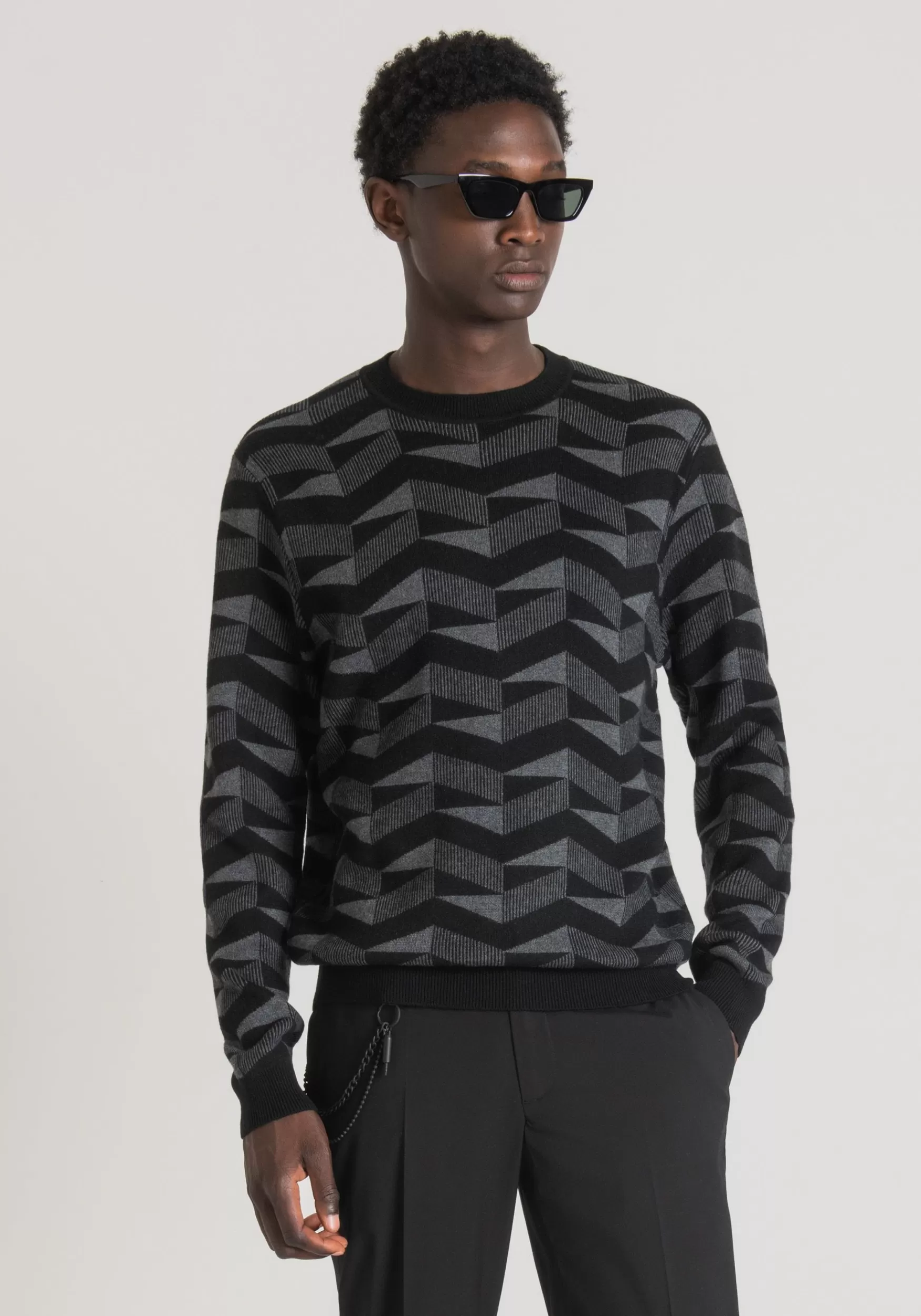 Outlet Antony Morato Pullover Regular Fit Aus Wollmischgarn Mit Geometrischem Muster Dunkelgrau Meliert