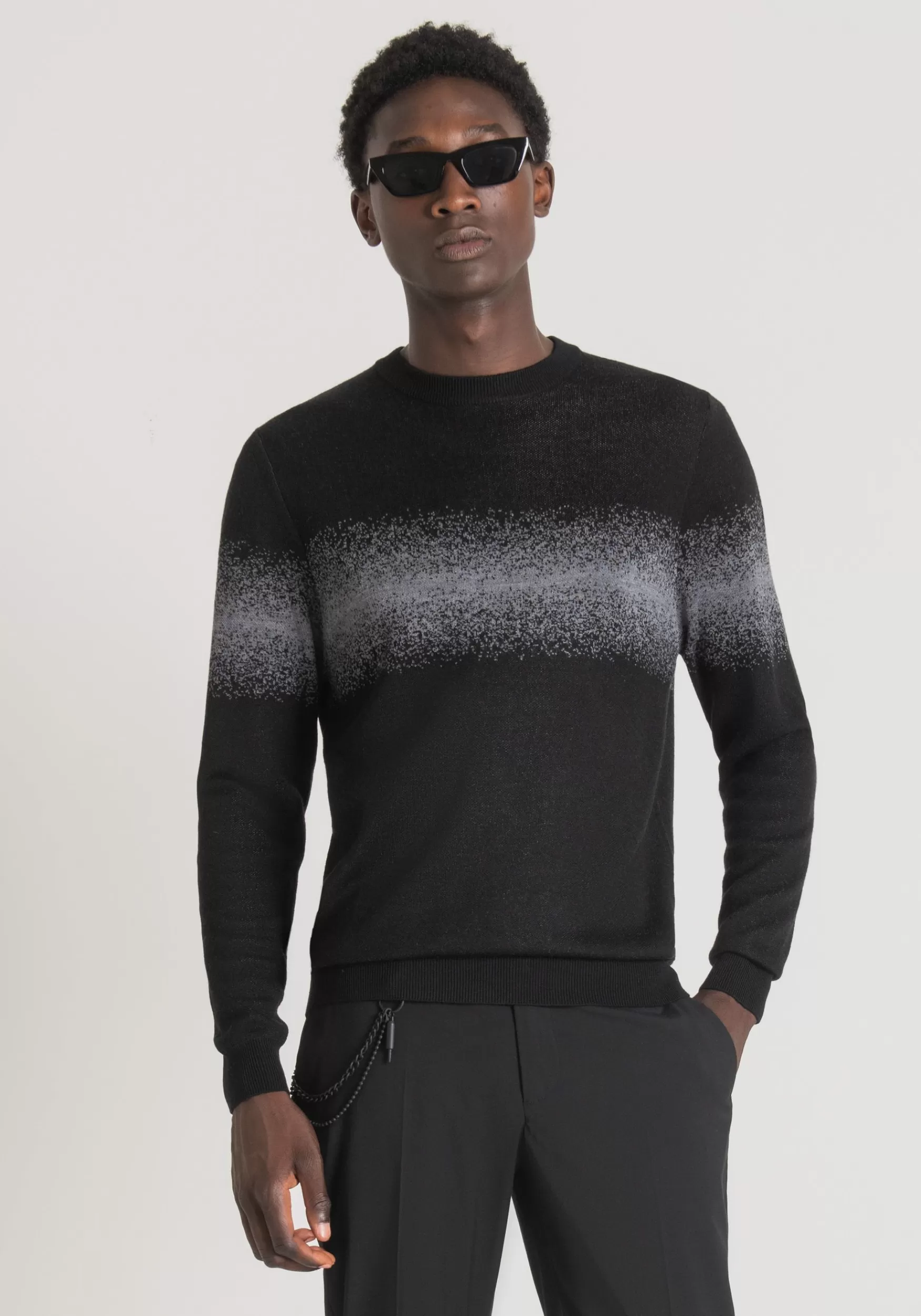 Clearance Antony Morato Pullover Regular Fit Aus Wollmischgarn Mit Kontrastierendem Jacquard-Band Mediumgrau Meliert