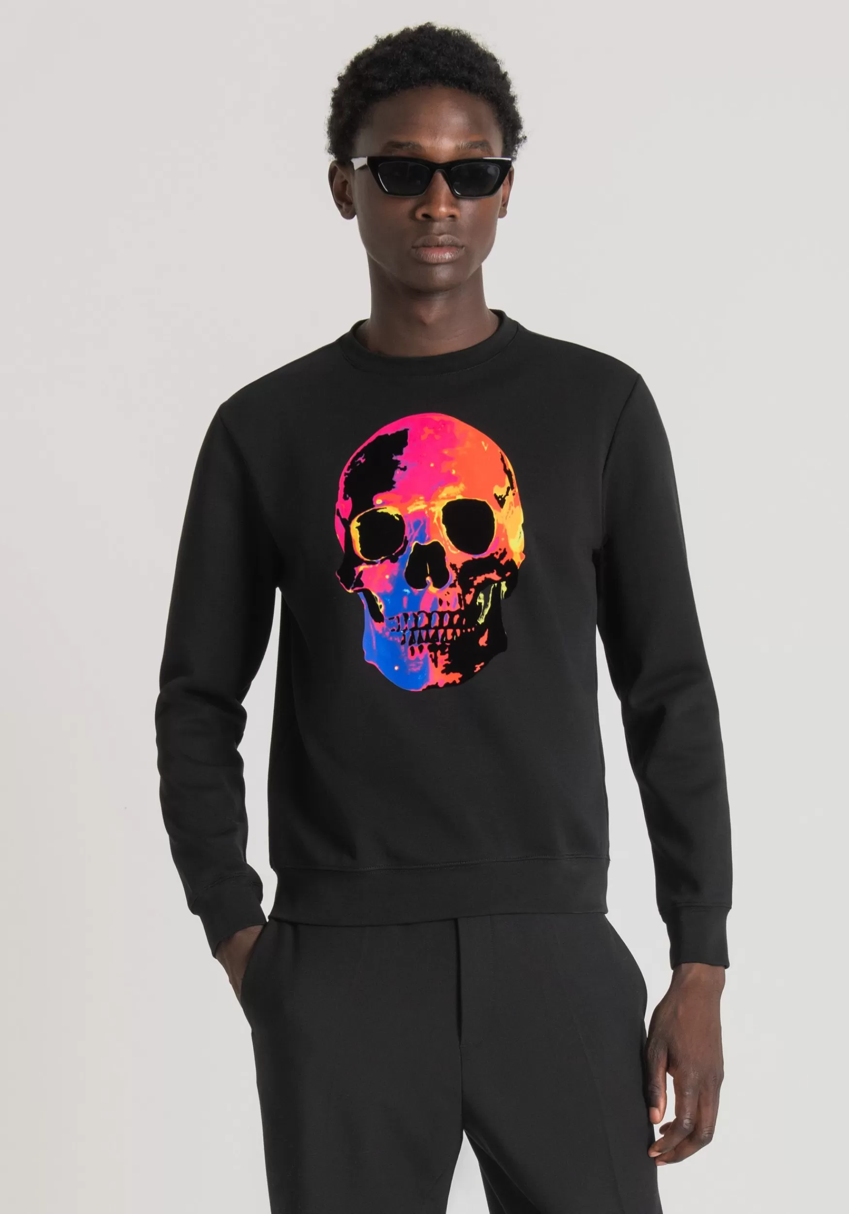 Best Sale Antony Morato Sweatshirt Regular Fit Aus Baumwoll-Mischgewebe Mit Mehrfarbigem Totenkopf-Print Schwarz