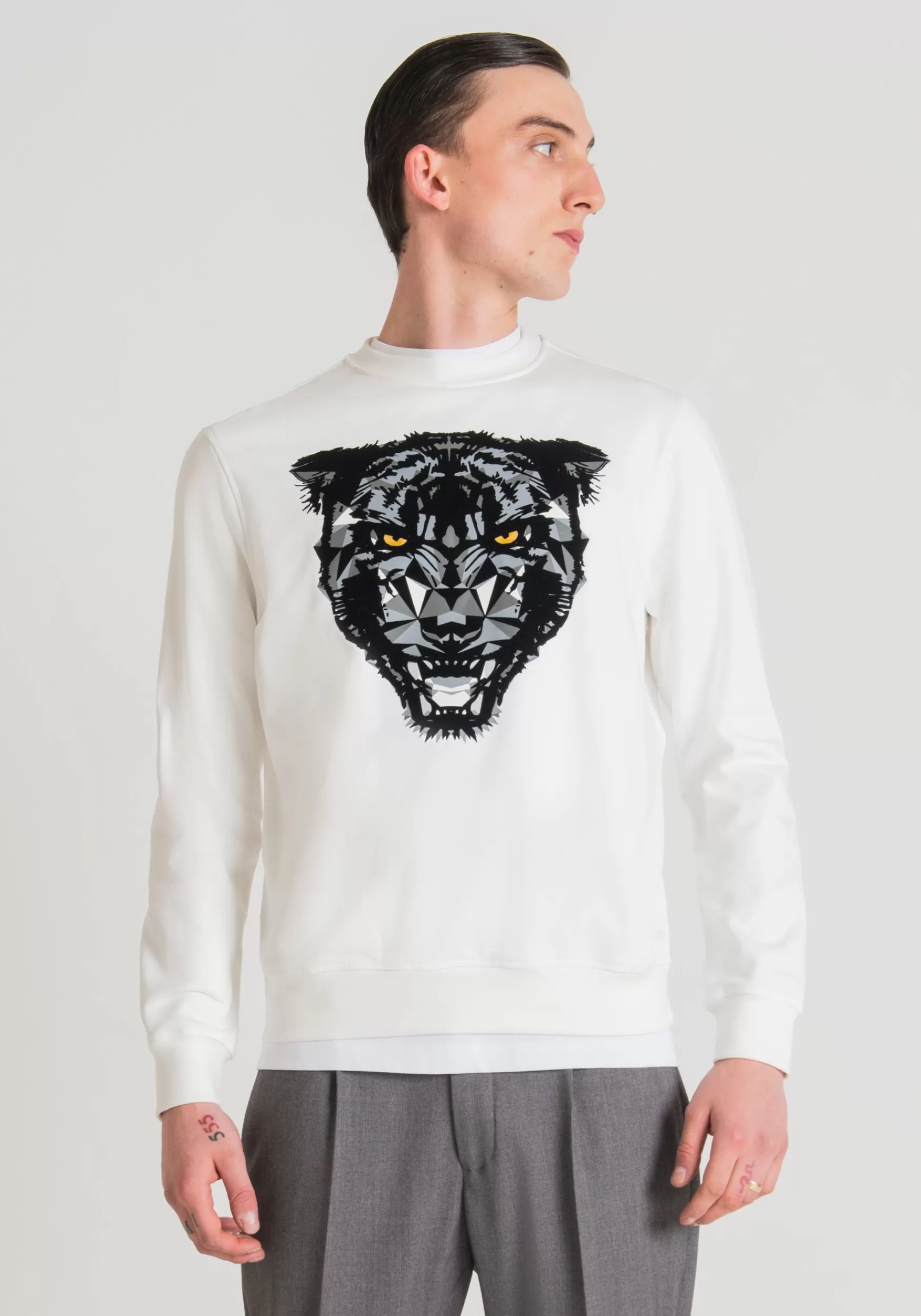 Store Antony Morato Sweatshirt Regular Fit Aus Baumwoll-Mischgewebe Mit Panther-Print Creme