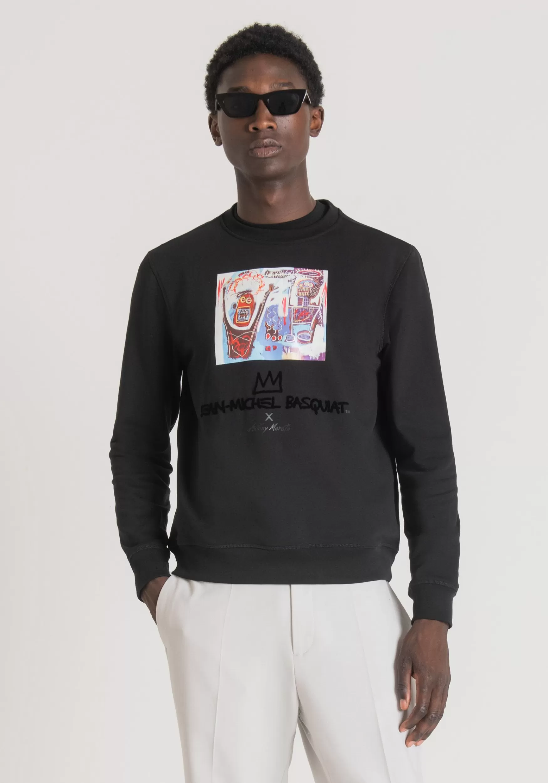 Shop Antony Morato Sweatshirt Regular Fit Aus Elastischem Baumwoll-Mischgewebe Mit Basquiat-Print Schwarz