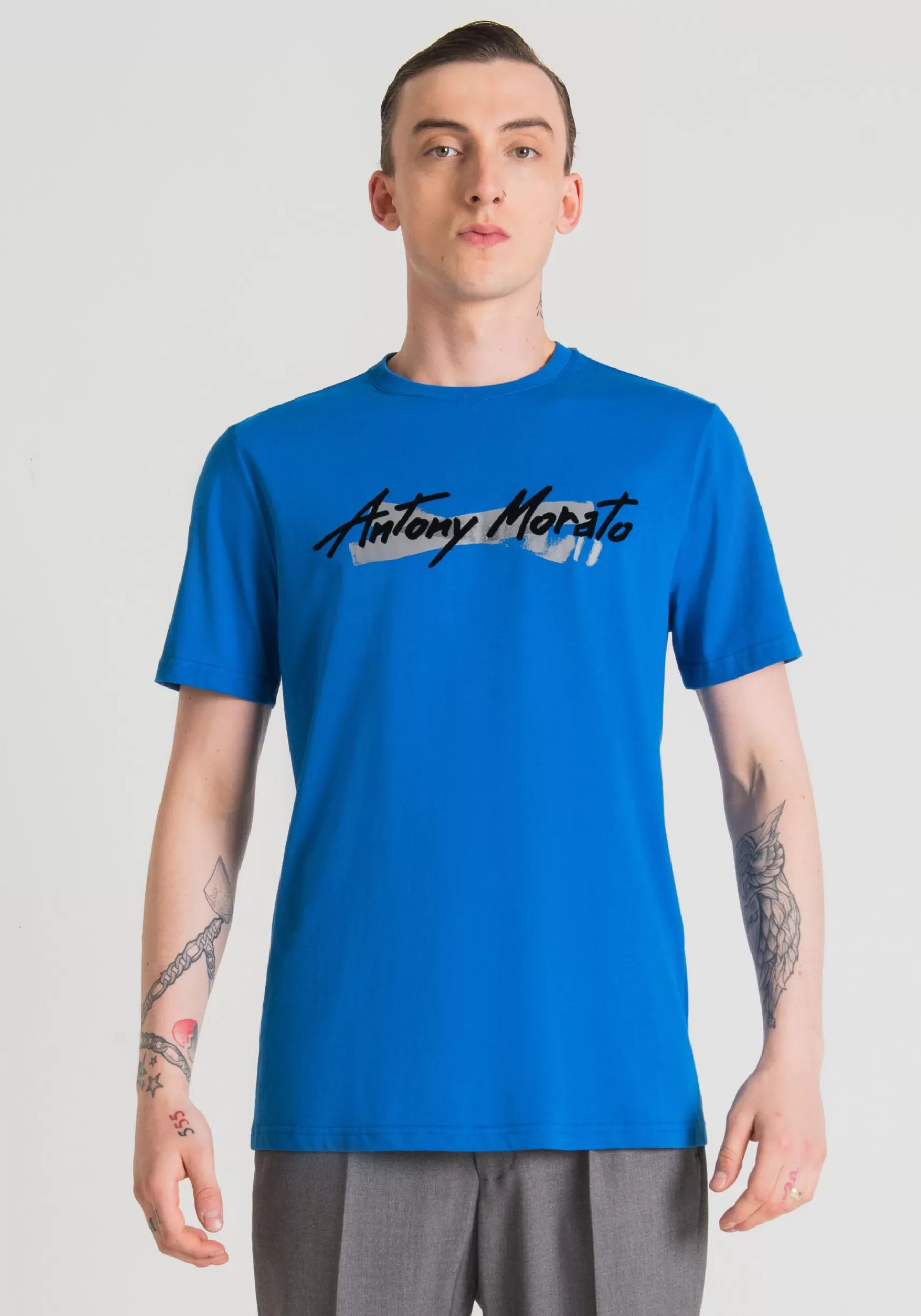 Hot Antony Morato T-Shirt Regular Fit Aus Reiner Baumwolle Mit Gummiertem Logo-Print Kobalt